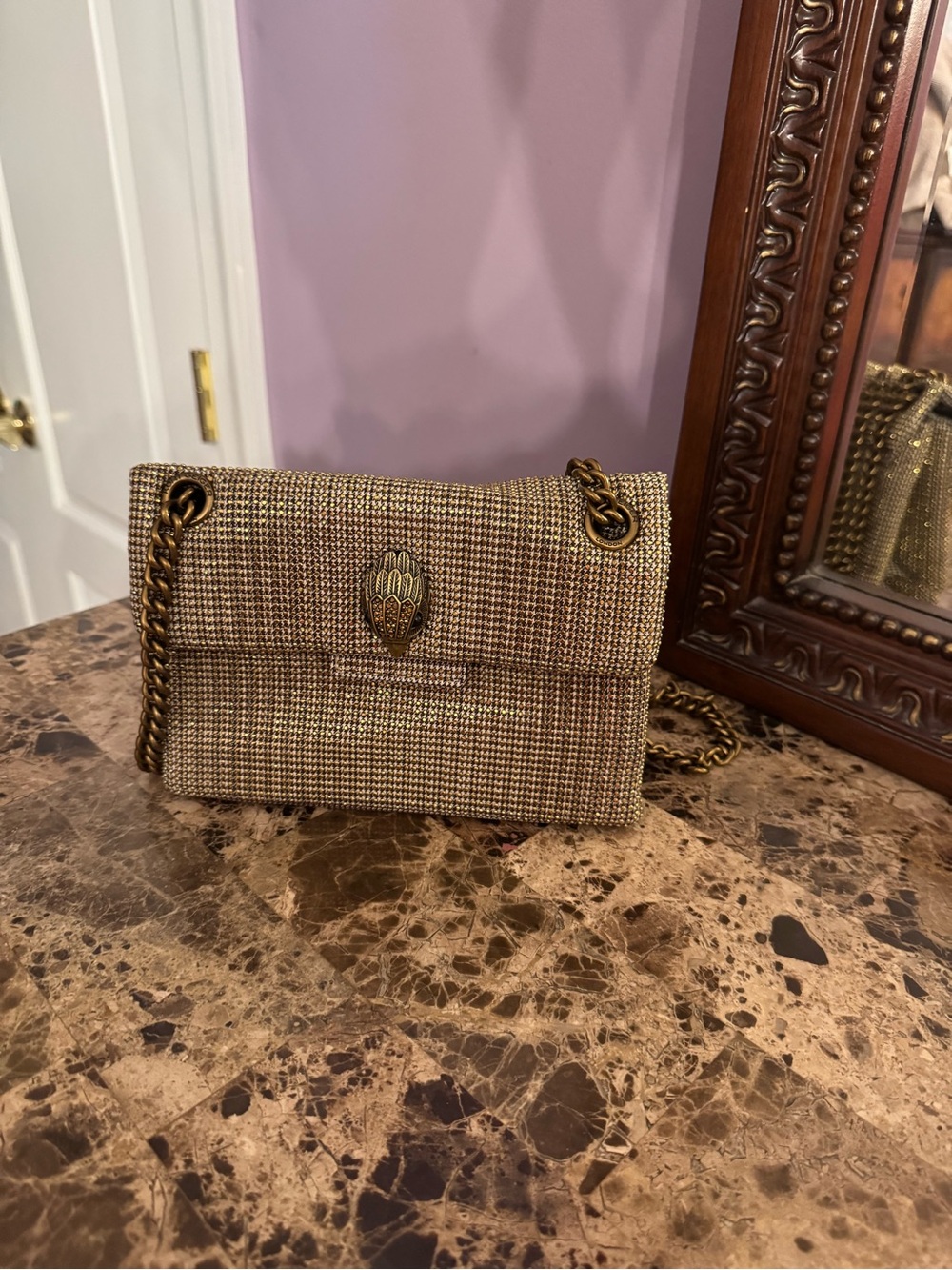 Kurt Geiger Beige Woven Chain Crossbody Bag with Gold Hardware